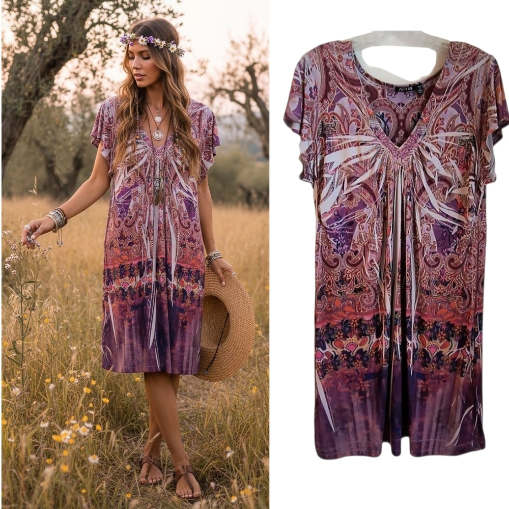 Apt 9 Boho Dress Women's Size 1X Multicolor Slinky Knit Cap Sleeve popover